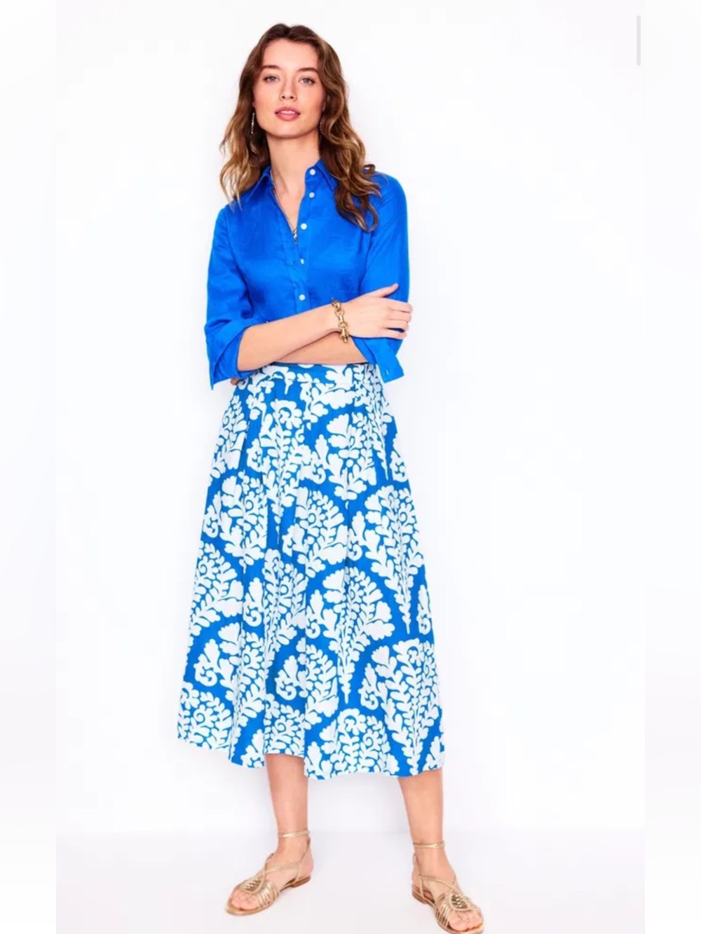 Boden Verity Linen Blue and White Floral Print Midi Skirt